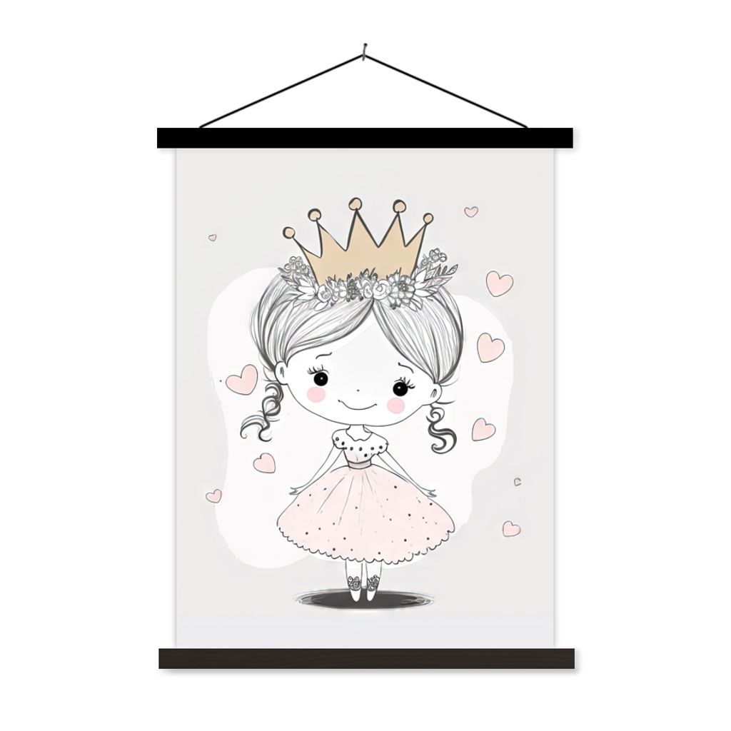 MuchoWow Textilposter Prinzessin - Herzen - Blumen - Krone - Mädchen 40x53 cm mit schwarzem Rahmen - Abbildung