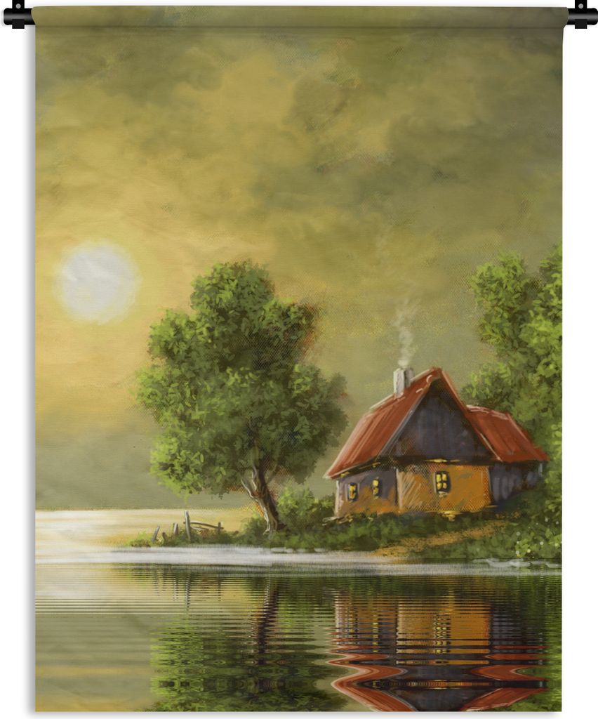 MuchoWow Wandteppich Wandbehang Gemälde - Ölfarbe - Haus - Natur - Wasser 120x160 cm Tapisserie Dekoration Wandtuch - Wohnzimmer - Moderne