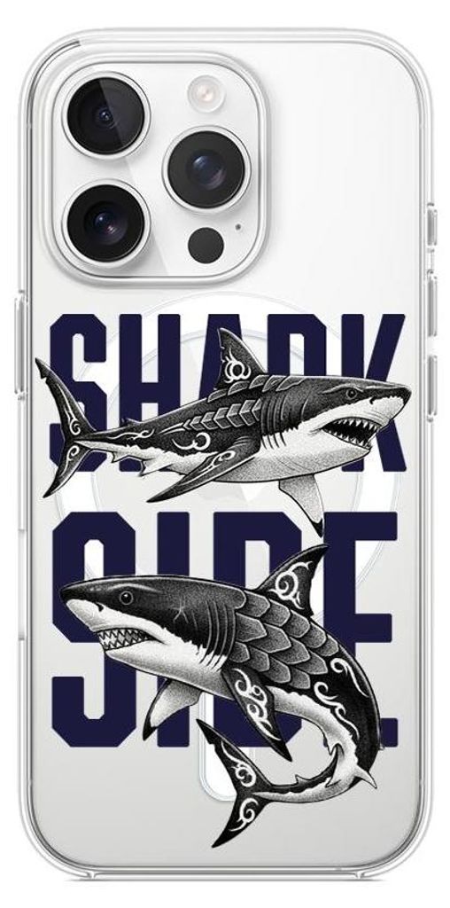 Hartschalenhülle für das iPhone 16 Pro Max, kompatibel mit MagSafe, transparent, Haie mit der Aufschrift Shark Side