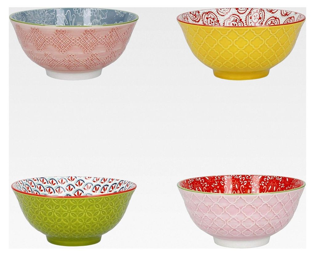 Gemusterte Müslischalen im 4er Set in Geschenkbox, Keramikschalen geeignet für Eis, Suppe und mehr, 'Brights' Designs, 15 cm