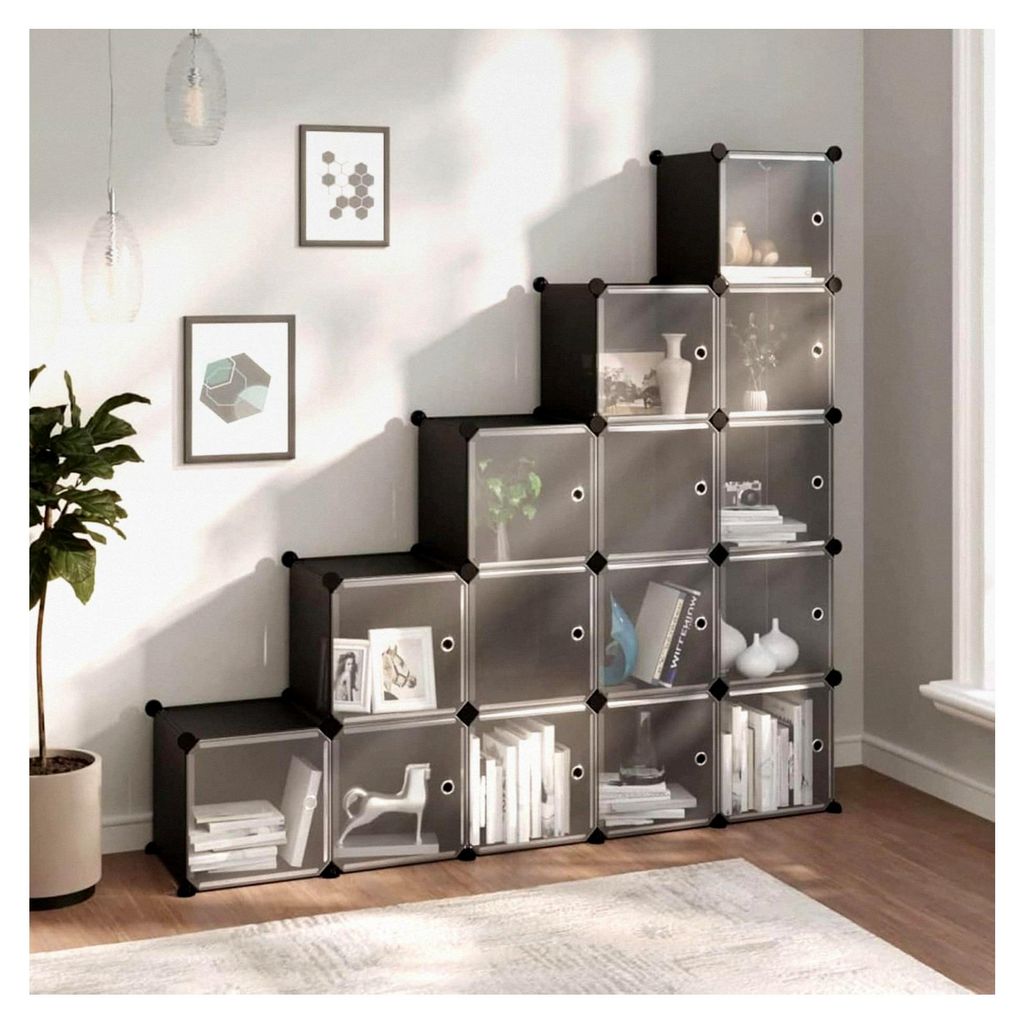 Regalsystem mit 15 Würfeln und Türen in Schwarz, Vitrine, Raumteiler, Steckregal, Stufenregal, Bücherregal, Schrankregal