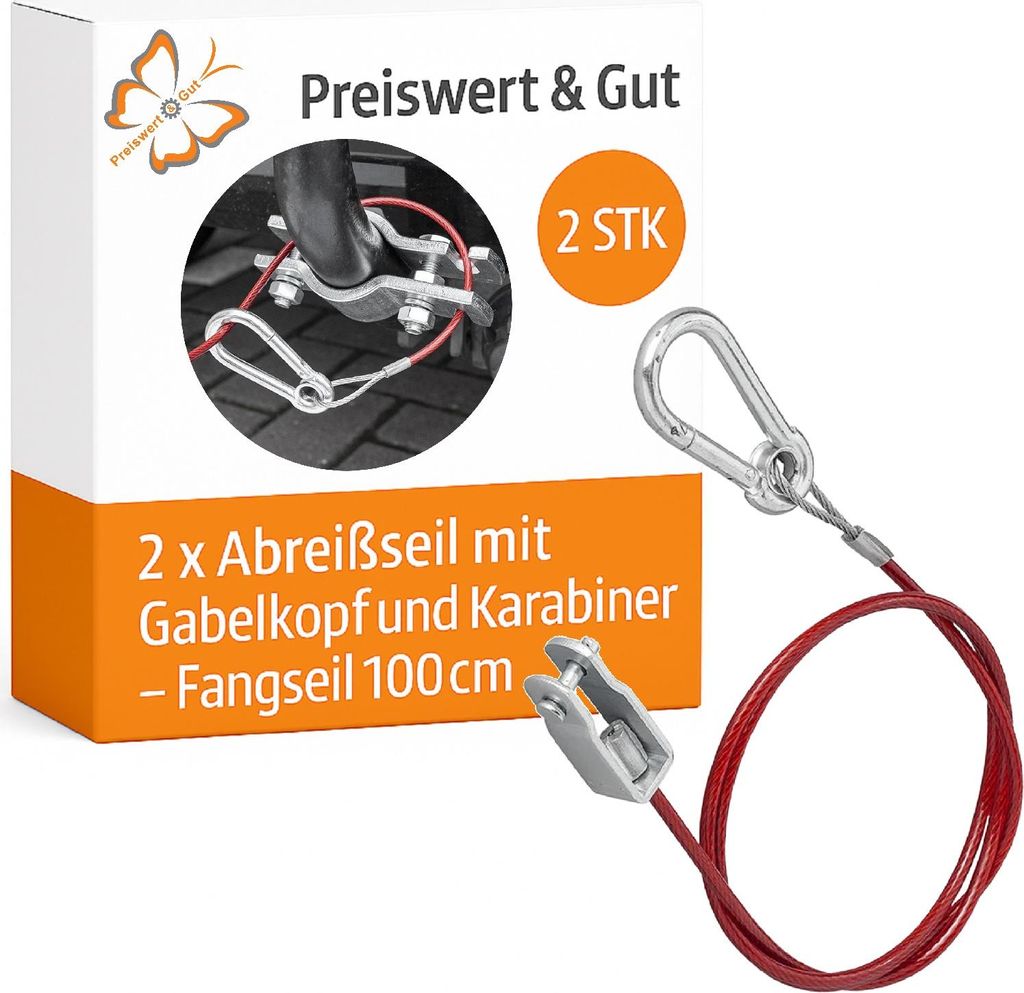 2x Sicherungsseil für Anhänger Wohnwagen – Abreißseil mit Gabelkopf und Karabiner, Fangseil 100 cm Abreissseil in Rot