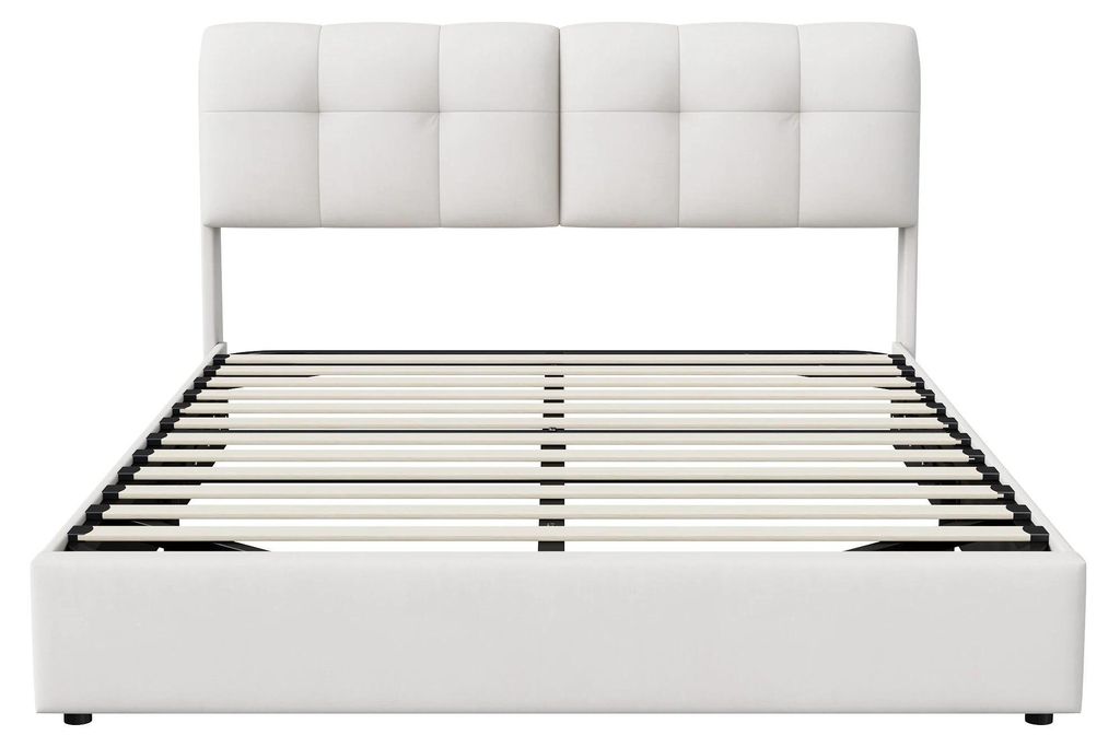Doppelbett - Stauraumbett - 140x200 cm, Hydraulischer Bettkasten, LED-Kopfteil, Lattenrost, Samt - Beige