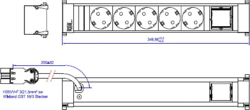 Unité de Prises Bachmann 5x CEE7/3 avec Câble 0,2m GST18i3 Intégré