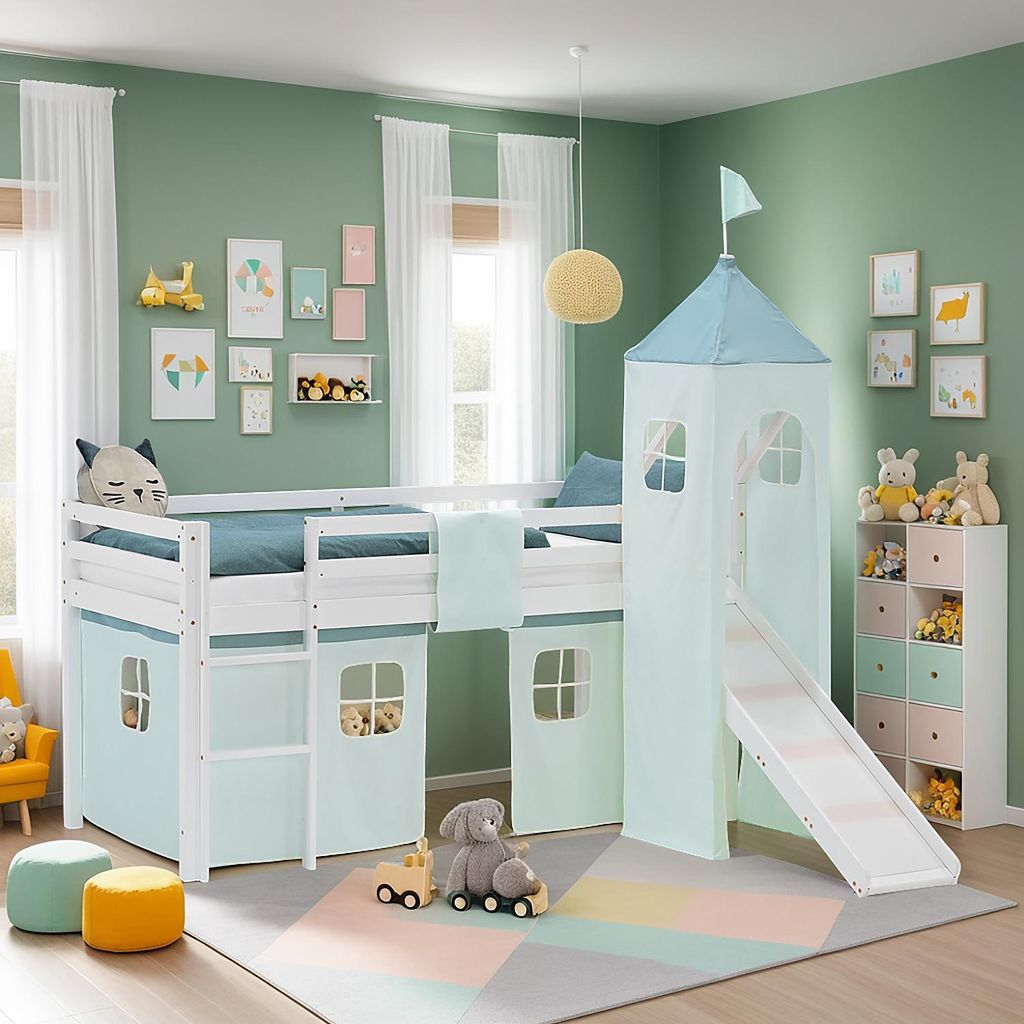 Homestyle4u Hochbett 90x200 Kinder Weiß Rutsche Set mit Produktbild 