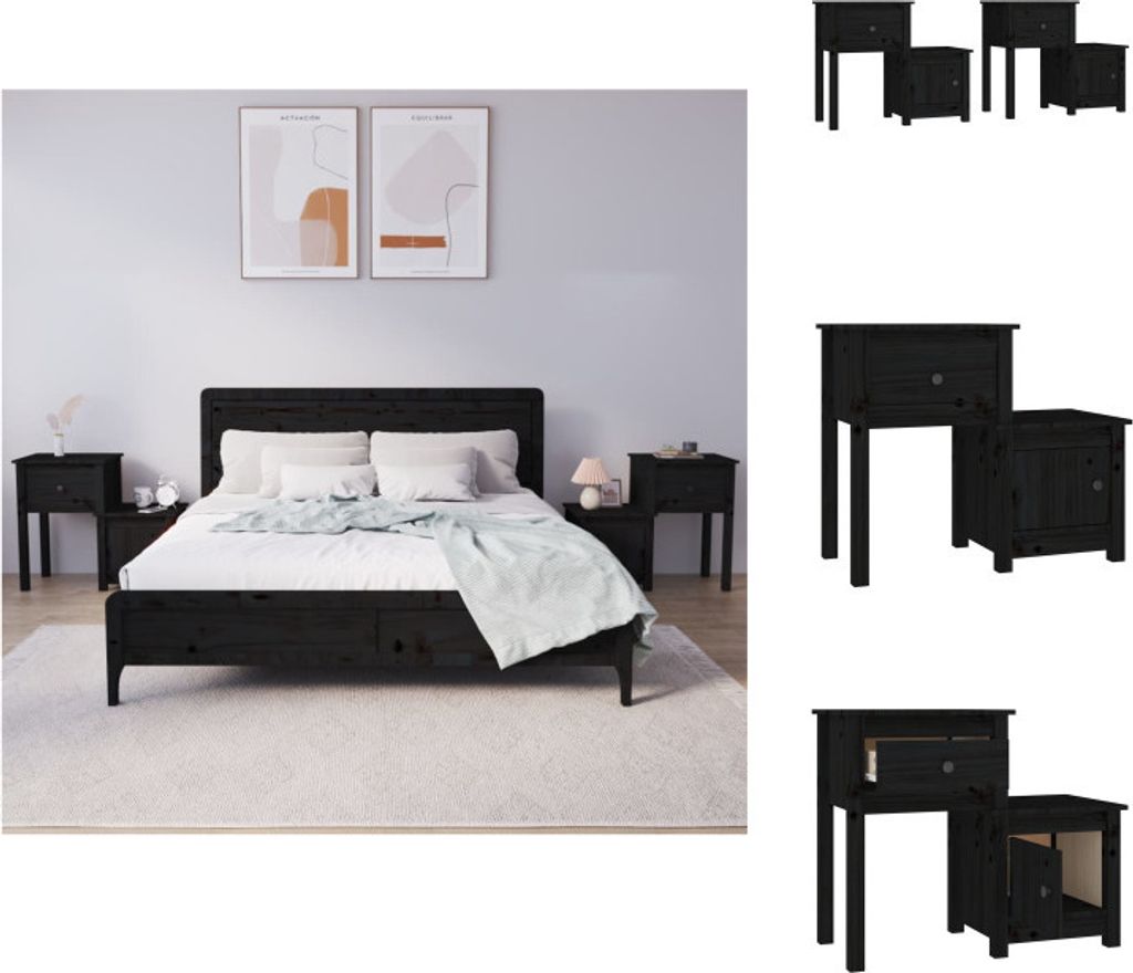 vidaXL Nachttische 2 Stk. Schwarz 79,5x38x65,5 cm Massivholz Kiefer - Nachttische