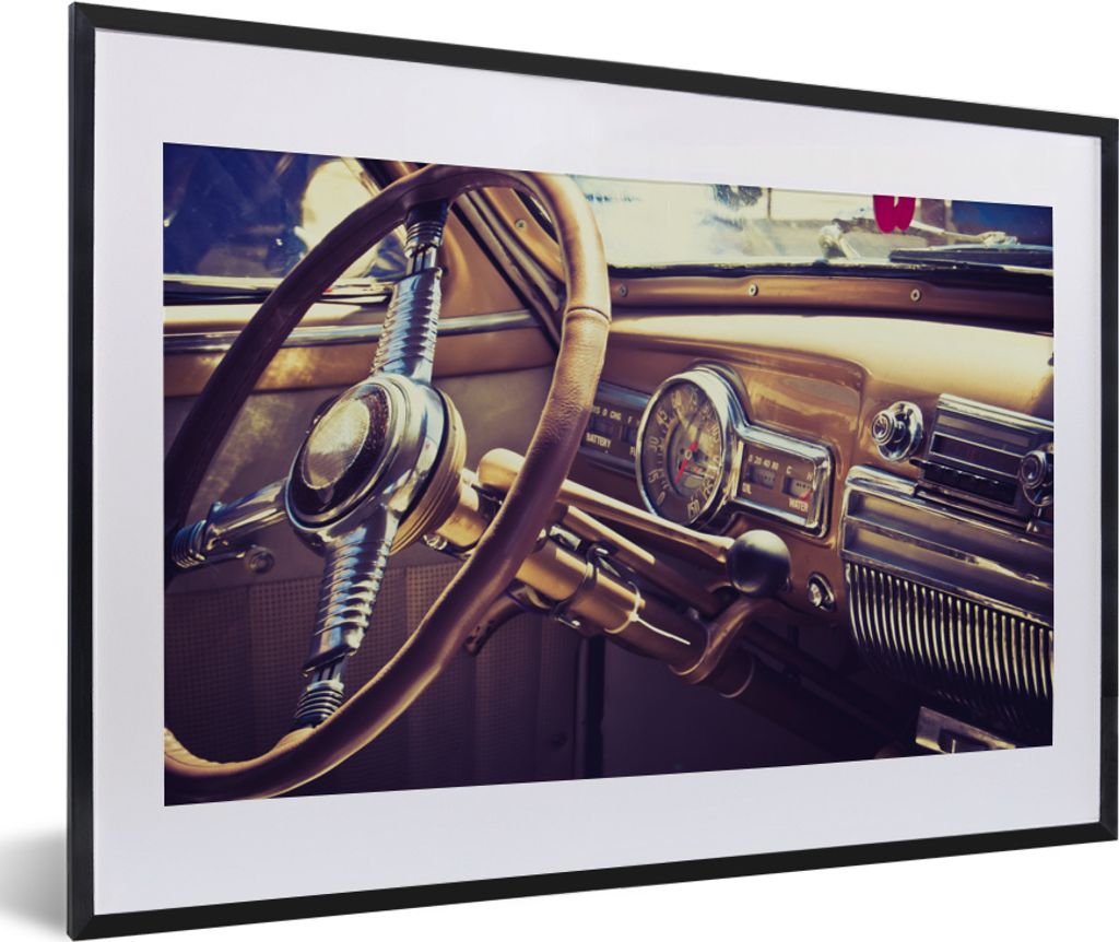 MuchoWow MuchoWow Gerahmtes Poster Mancave - Auto - Vintage - Lenkrad 60x40 cm - Poster mit zchwarzem Bilderrahmen - Schlafzimmer - Plakat in R...