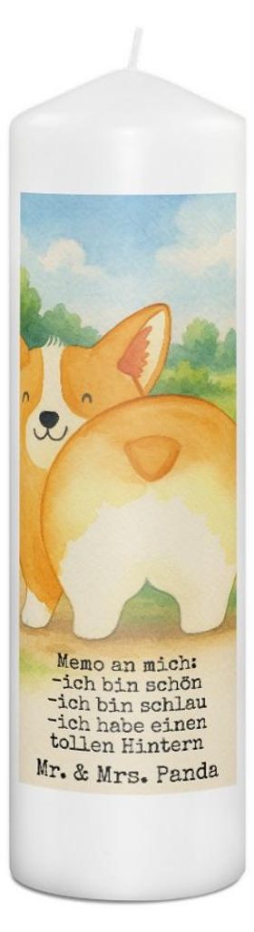 Mr. & Mrs. Panda Kerze Corgi Po Design 29 x 8 cm XL - Weiß - Geschenk, Stumpenkerze, Wachskerze, Motivation, Hund, Corgie, Hundemotiv, Positiv, Er...