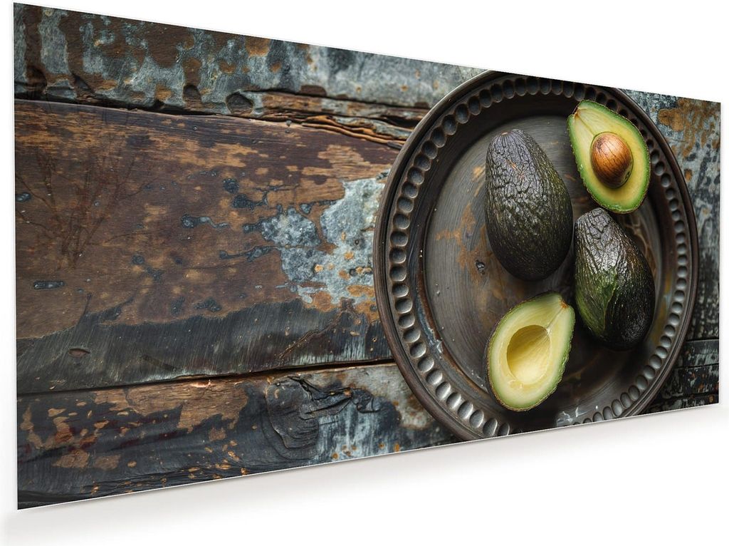 Glasbild 100x50cm in XXL für Wohnzimmer, Schlafzimmer Motiv Avocados Holzteller