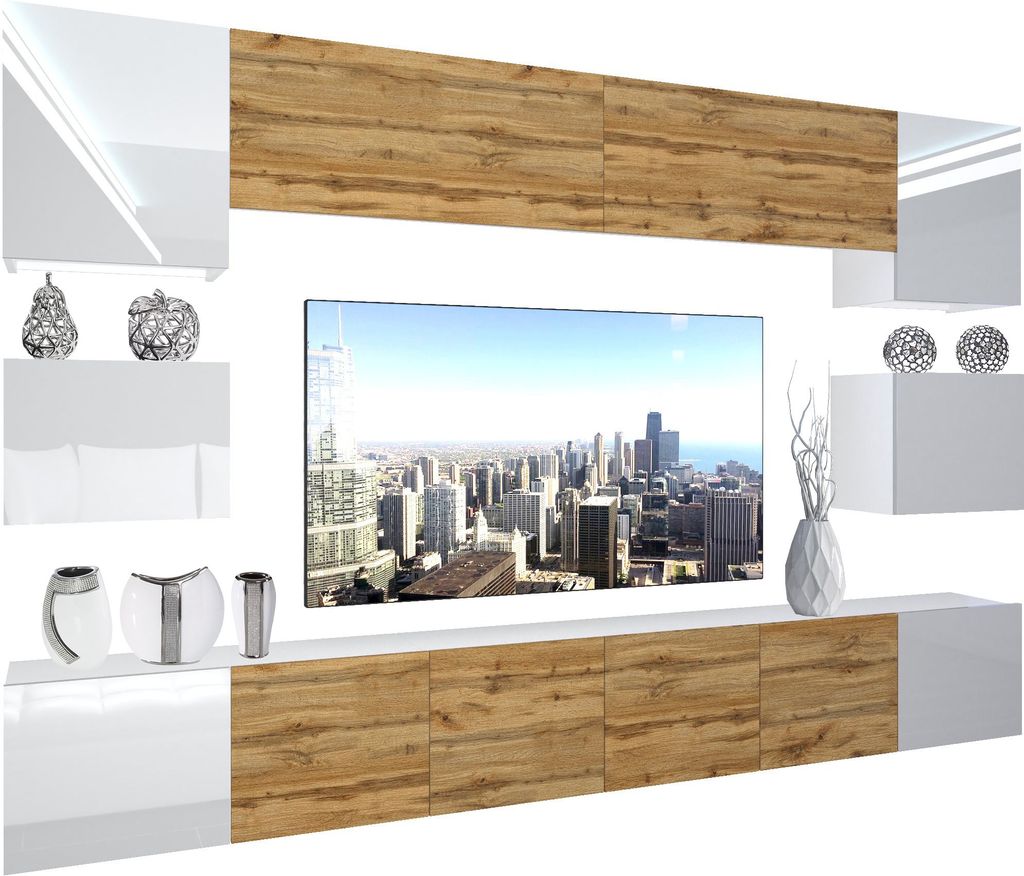 BELINI Wohnwand Vollausstattung Wohnzimmer-Set Moderne Schrankwand mit LED-Beleuchtung Weiß Glänzend Anbauwand TV-Schrank Weiß / Eiche Wotan Gl...