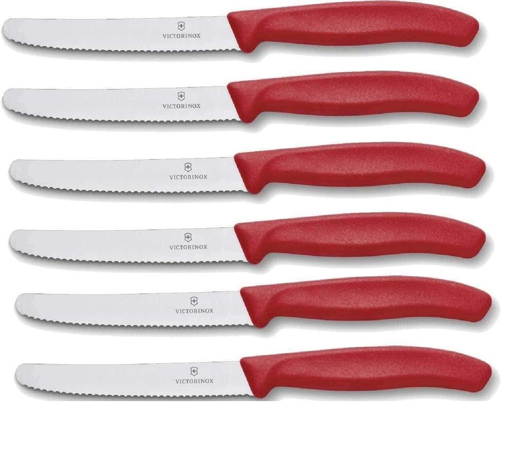 Victorinox | Tafelmesser Set | Swiss Classic | 6 Stück| Wellenschliff | ergonomischer Griff | ideal für präzises Schneiden | leuchtendes Rot