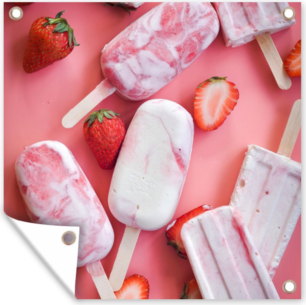 MuchoWow 50x50 cm Outdoor-Poster Gartendeko Sichtschutz Garten Poster für den Garten Eis am Stiel mit Erdbeeren