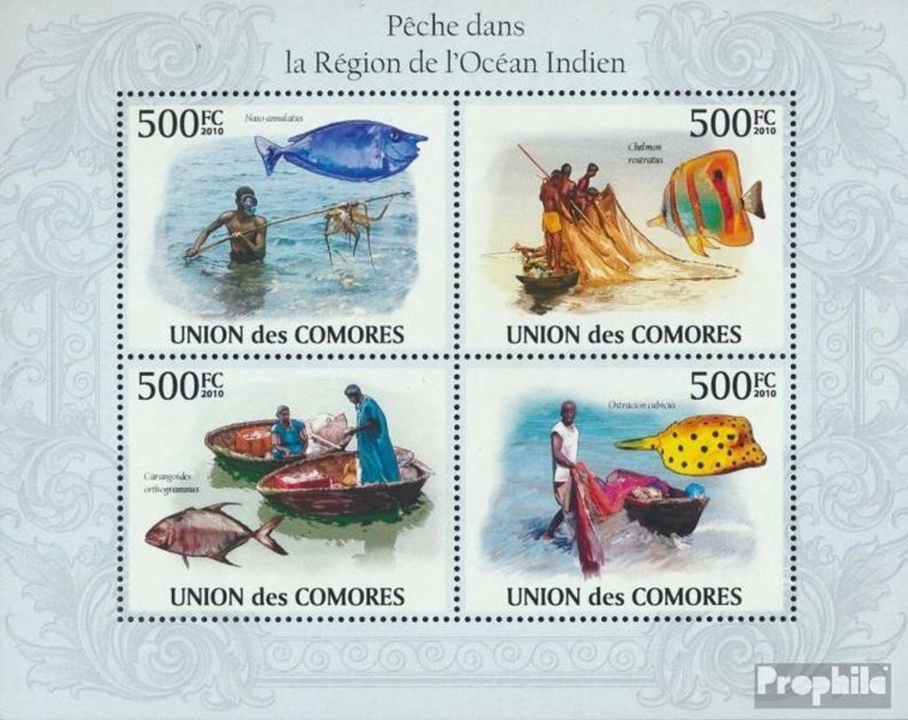 Briefmarken Komoren 2010 Mi 2686-2689 Kleinbogen (kompl. Ausg.) postfrisch Angeln in der Region des Indischen Ozeans