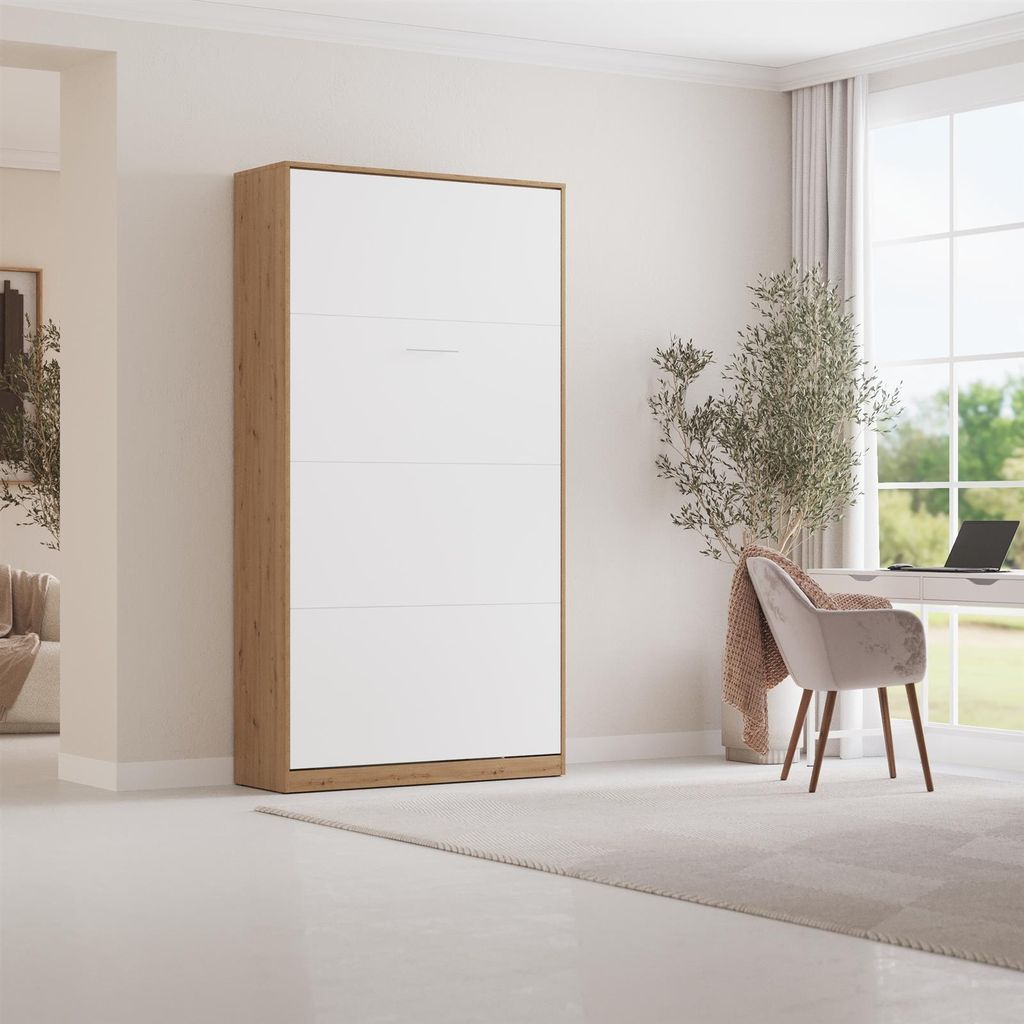 Schrankbett Klappbet 100x200 Vertikal Wildeiche/Weiss ohne Taschenfederkernmatratze