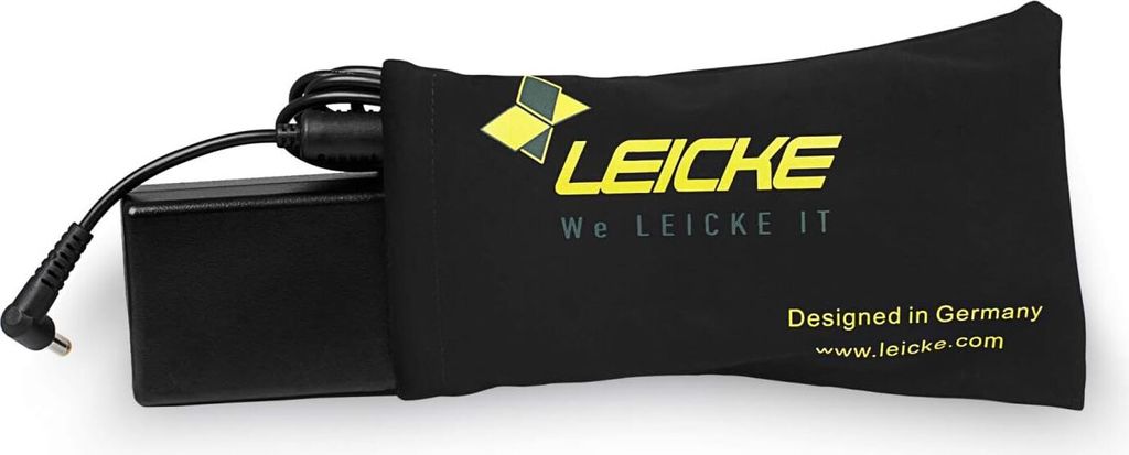 A black power adapter is partially covered by a black fabric pouch with the LEICKE logo and text.