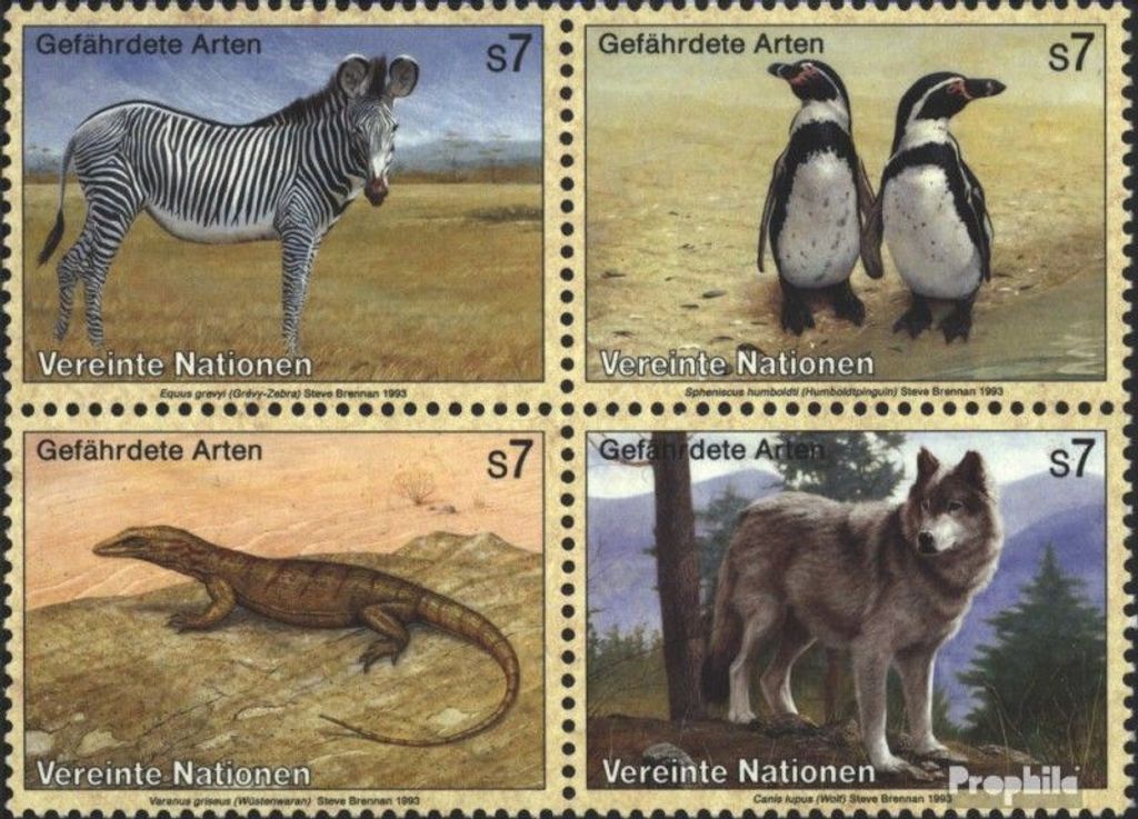 Briefmarken UNO - Wien 1993 Mi 143-146 Viererblock (kompl.Ausg.) postfrisch Gefährdete Tiere