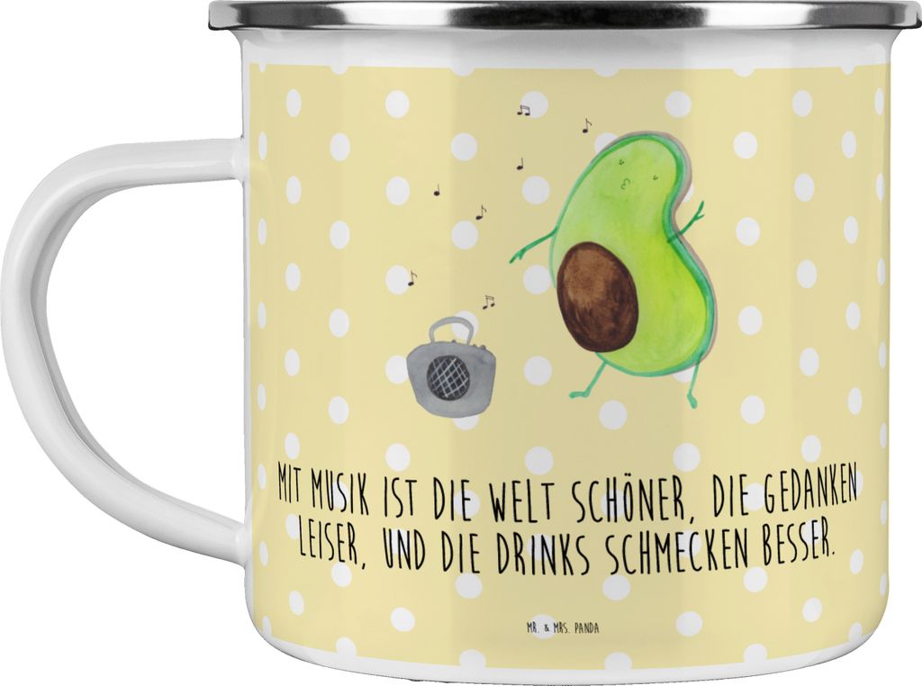 Mr. & Mrs. Panda Haferl Avocado Tanzen - Gelb Pastell - Geschenk, Urlaub, Teetasse, Emaille Becher, Tasse, Pott, Musik, Party, Singen