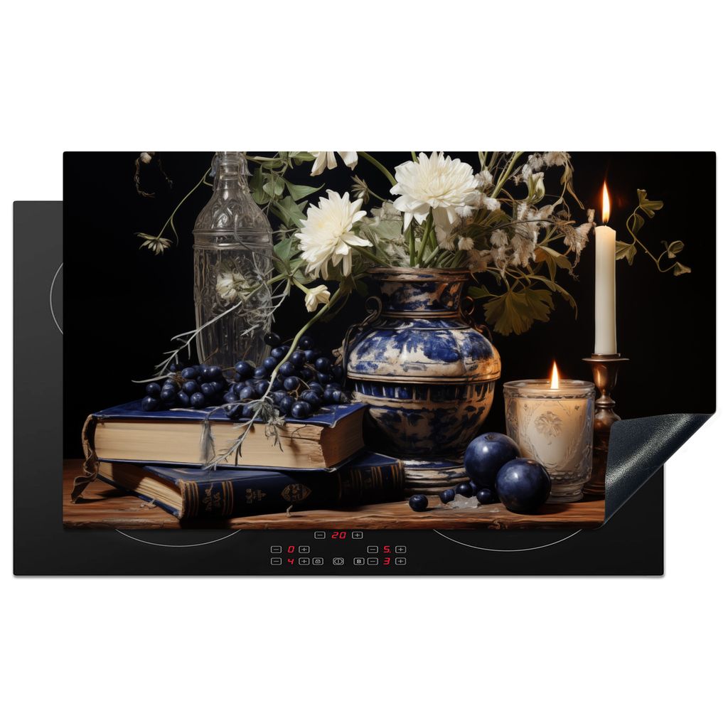 KitchenYeah Herdabdeckplatte Stilleben - Blumen - Kerzen - Delfter Blau - Weiß , 90x52cm, Küche Deko, Glaskeramikkochfeld Herdabdeckung, Abdeck...