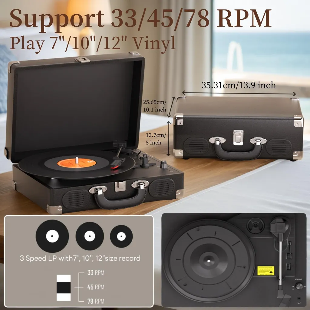 Tourne-disque rétro noir à haut-parleurs intégrés et Bluetooth sans fil