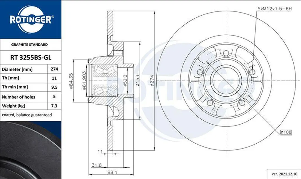 Disque de frein ROTINGER RT 3255BS-GL pour Kangoo OE 4154200102 Graphite