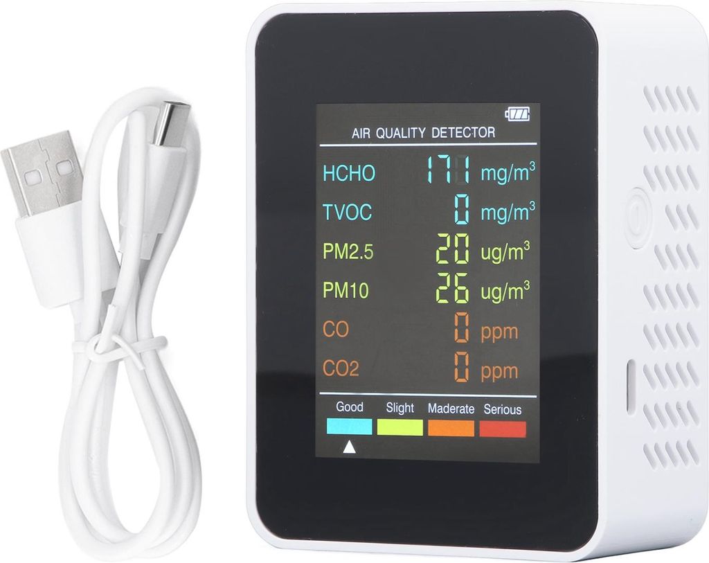 Luftqualität Monitor tragbarer LCD -Hintergrundbeleuchtungsbildschirm CO2 TVOC HCHO PM2.5 PM10 -Detektor mit Alarm Weiß