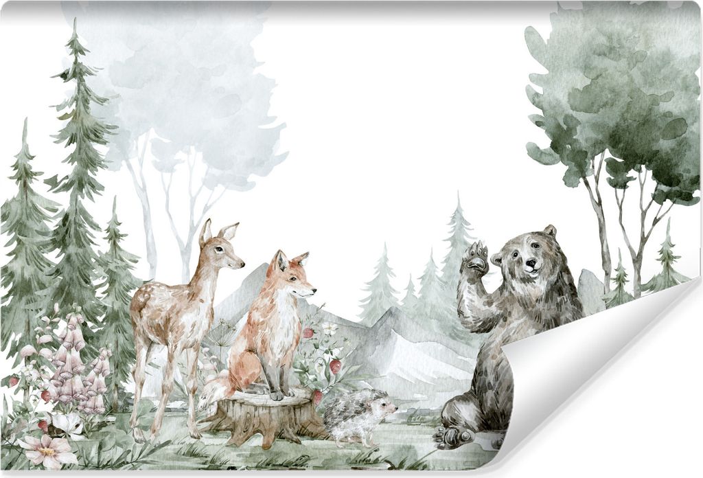 Muralo Selbstklebende Fototapete Für Kinderzimmer WALDTIERE Blumen Bäume Wald Natur Br. 208cm x Hö. 146cm