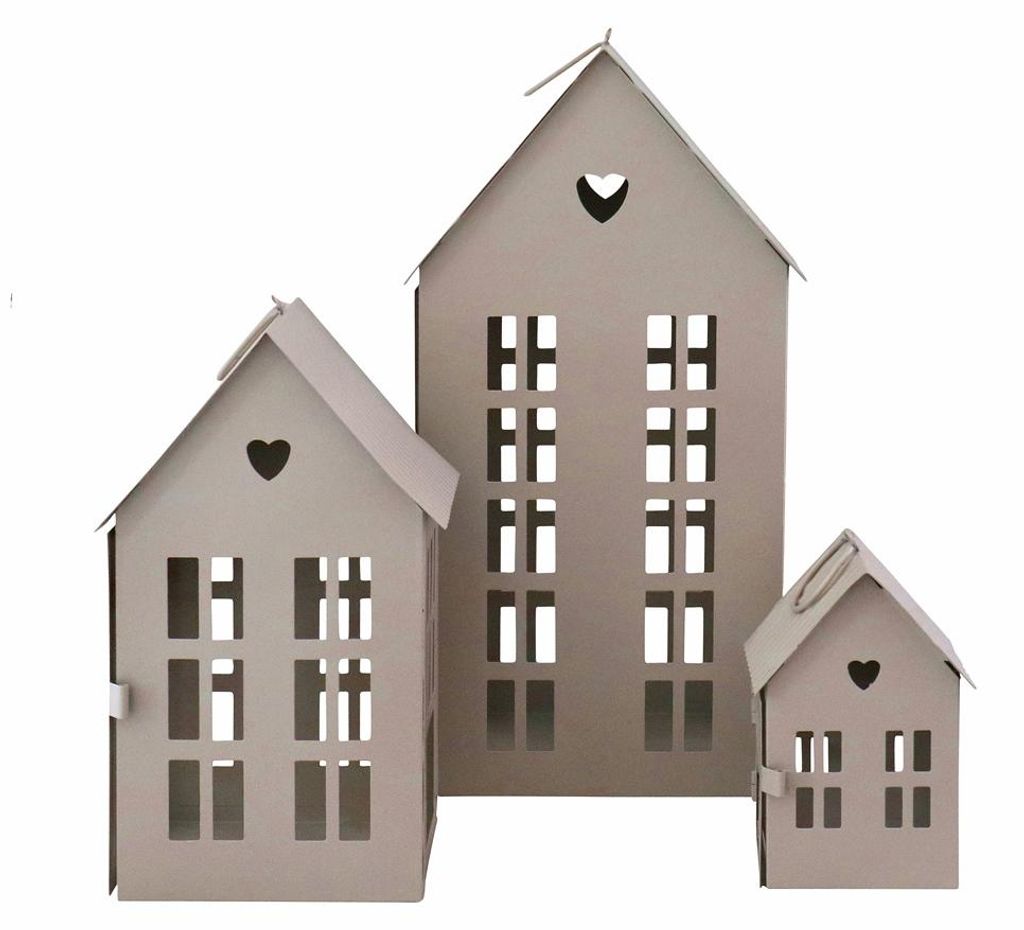 3tlg. Laterne HERZENSHAUS beige Haus Metall Lichterhaus mit Produktbild 