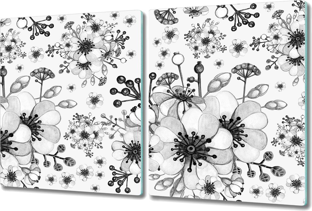 Herd-Abdeckplatte Glas Schneidebrett Ceranfeld-Abdeckung - 2x 40x52 cm - Monochrome Blumen