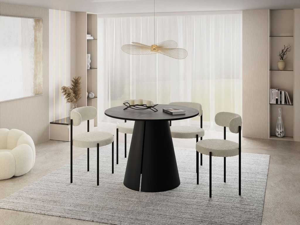 Esstisch Rund Ausziehbar im Loft-Stil – 120 bis 200 cm – Industrieller Platzsparender Tisch mit Schwarzen Konischem Metallbeinen für 6 bis 10 ...