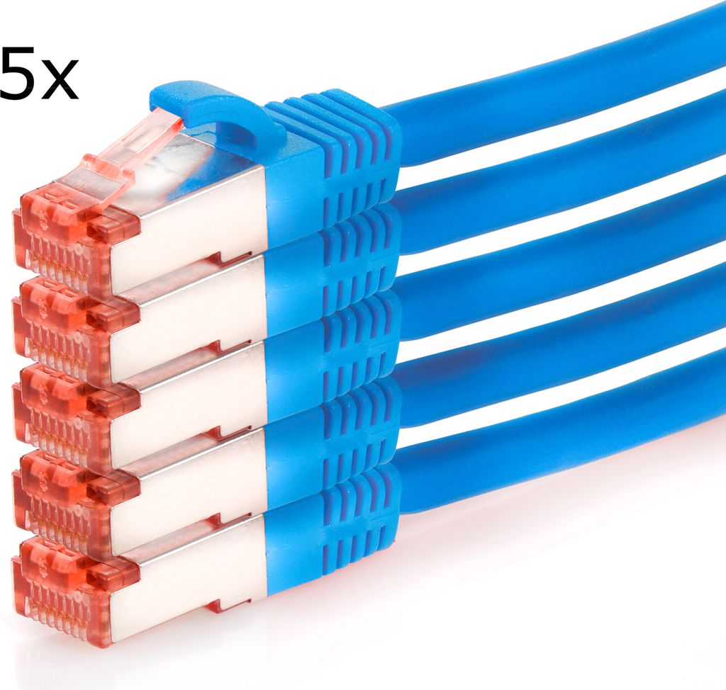 TPFNet 5er Pack 7,5m Cat.6 Patchkabel / Netzwerkkabel S/FTP 1000Mbit, blau