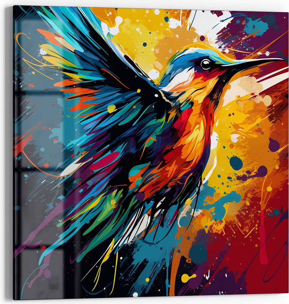 DEQOART Magnettafel Glas 50x50 cm 'Farbenflug des Vogels' beschreibbar Whiteboard Küche