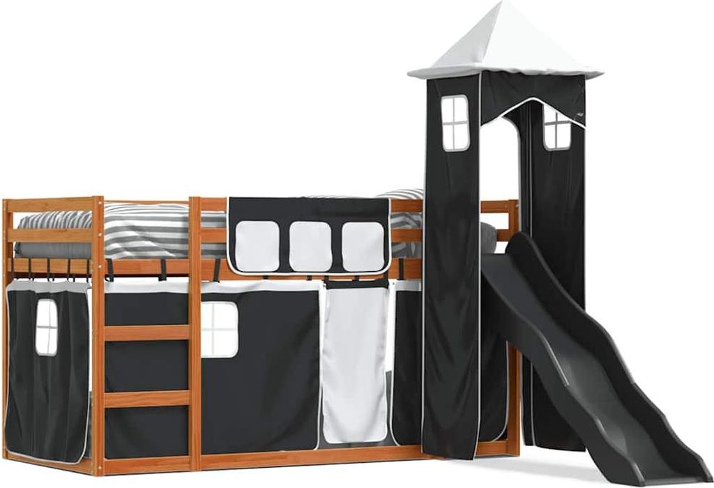 vidaXL Etagenbett mit Rutsche und Gardinen Weiß und Schwarz 90x200 cm
