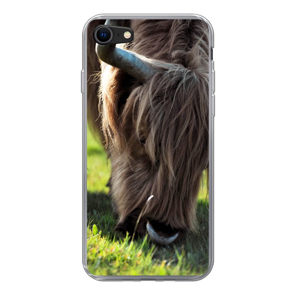 MuchoWow Handyhülle Schutzhülle Hülle für iPhone 7 Schottischer Highlander - Hörner - Sonne Silikon Softcase Handy Hülle - Kartenhalter