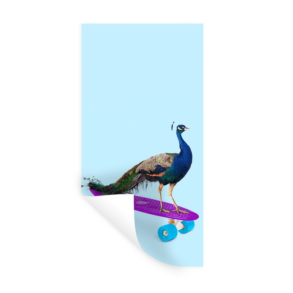 MuchoWow Wandtattoo Wandsticker Wandaufkleber Pfau - Blau - Skateboard - Tiere - Lustig 40x80 cm Selbstklebend und Repositionierbar - Repositioni...