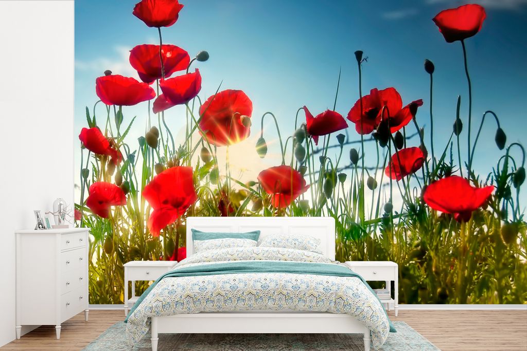 MuchoWow Fototapete für Wohnzimmer oder Schlafzimmer Wandtapete Vinyl Motivtapete Mohnblumen - Toskana - Sonne - Rot - Blau - 330x220 cm - Fotot...