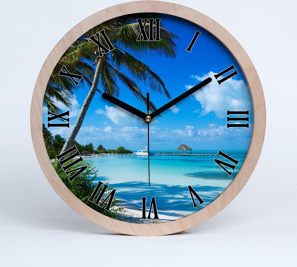 Holzuhr 25fi cm wanduhr - schwarze Spitzen - tropischer Strand