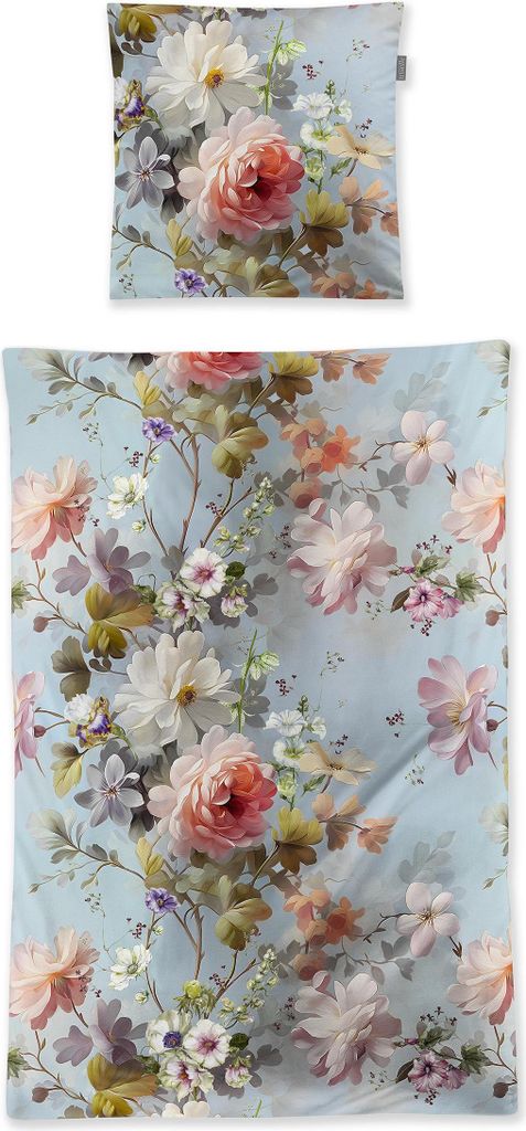 A flat lay image of a duvet cover and pillowcase set with a floral pattern.