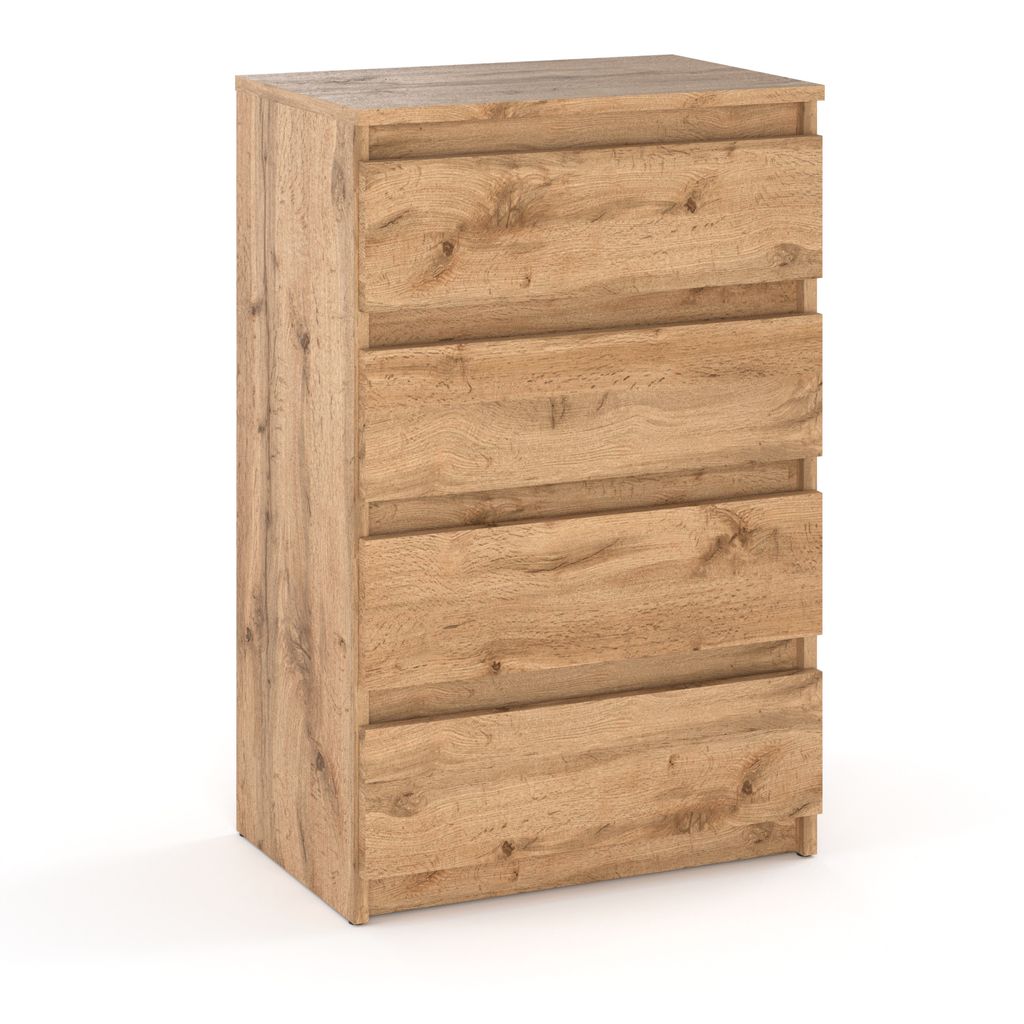 A tall, narrow chest of drawers made of wood with a light brown finish and visible wood grain.