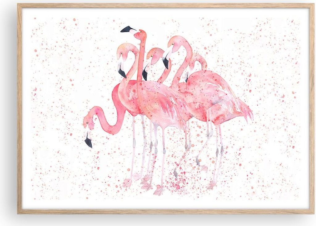 Gerahmtes Poster - Rahmen in heller Eiche - Flamingo Vogel Wasser - 100x70 cm - Wand Bild - Wanddeko - Wandbilder - Wandposter - Bilderrahmen - Bil...