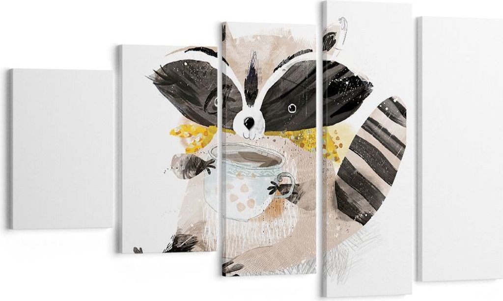 Bild auf Leinwand - Leinwandbild - 5 Teile - Waschbär Tasse Kinder - 100x60cm - Wand Bild - Wanddeko - Wandbilder - Leinwanddruck - Bilder - Wandd...