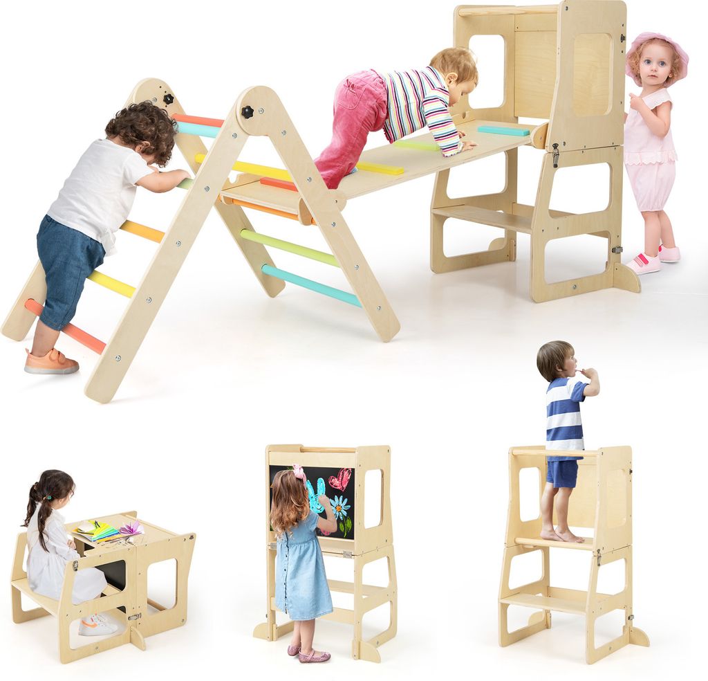 Collage of a wooden climbing triangle with a slide, a wooden table and chair set, and a wooden easel with a chalkboard, all featuring children interacting with them.