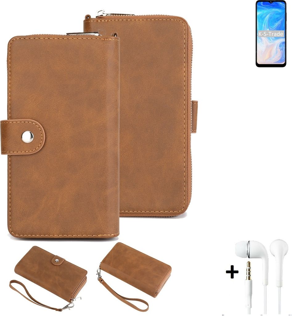 K-S-Trade Handy Schutz Hülle kompatibel mit Doogee N40 Pro + Kopfhörer Portemonnee Tasche Wallet-Case Bookstyle-Etui braun (1x)
