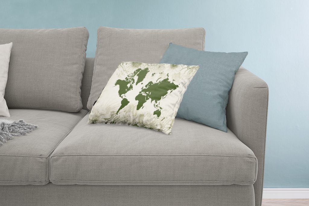 MuchoWow Zierkissen Sofakissen Wohnzimmer Dekokissen 60x40 cm Weltkarte - Blumen - Grün - Kopfkissen - Polster mit Foto
