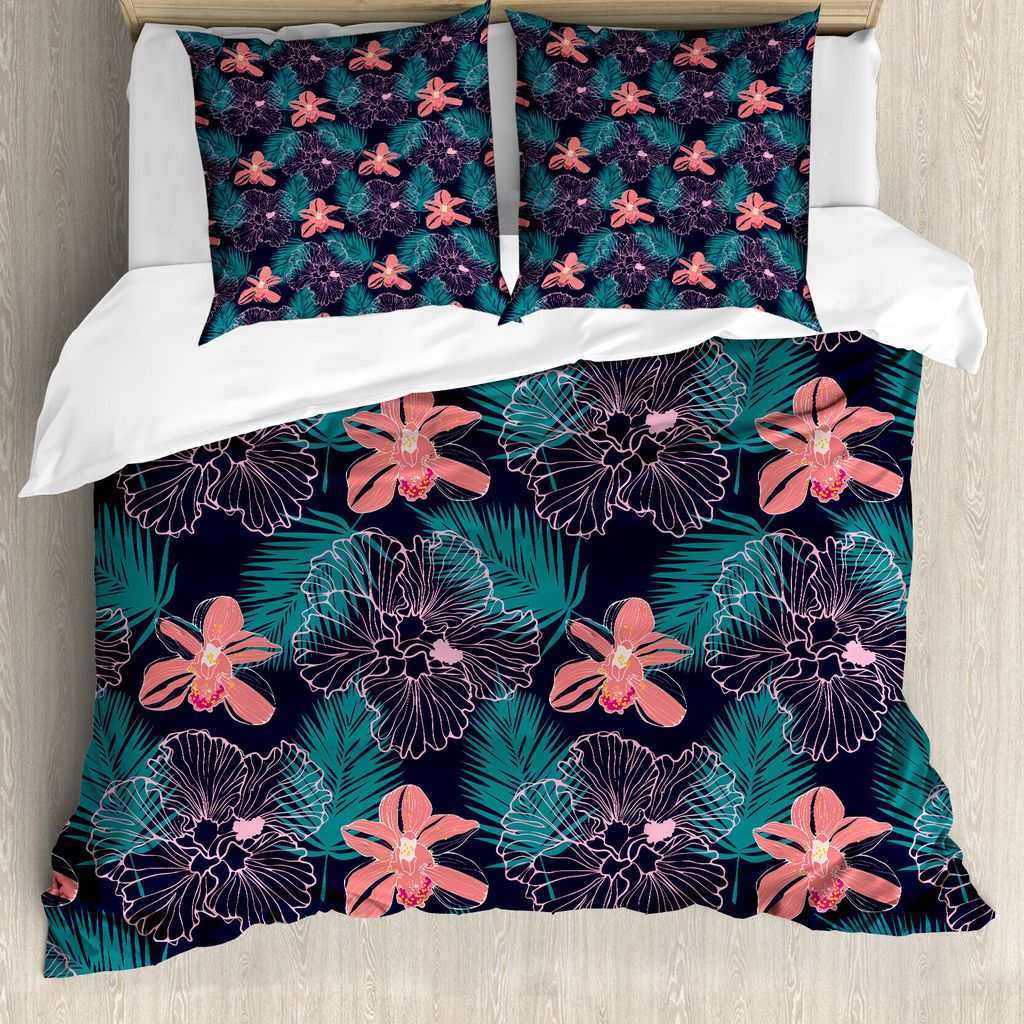 ABAKUHAUS Luau Bettbezug Set für Einzelbetten, Blätter Hibiscus auf dunklem, Milbensicher Allergiker geeignet mit Kissenbezug, 155 cm x 220 cm - ...