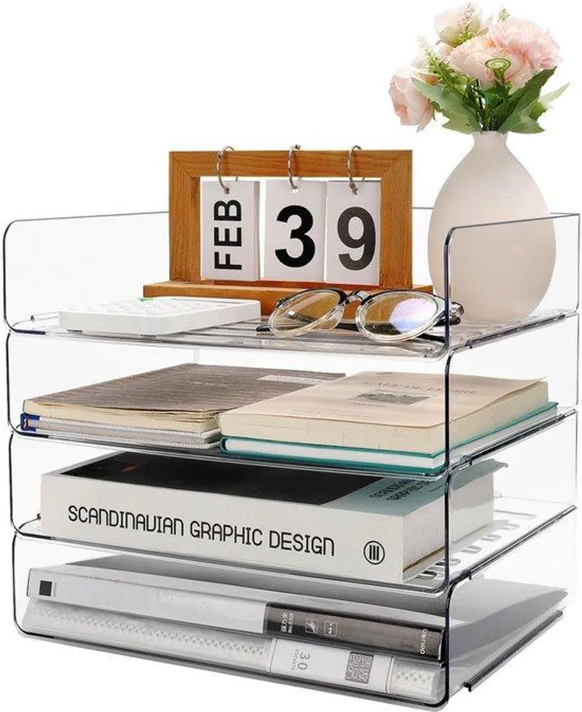 Lot de 4 bacs à courrier transparents en PET pour bureau A4