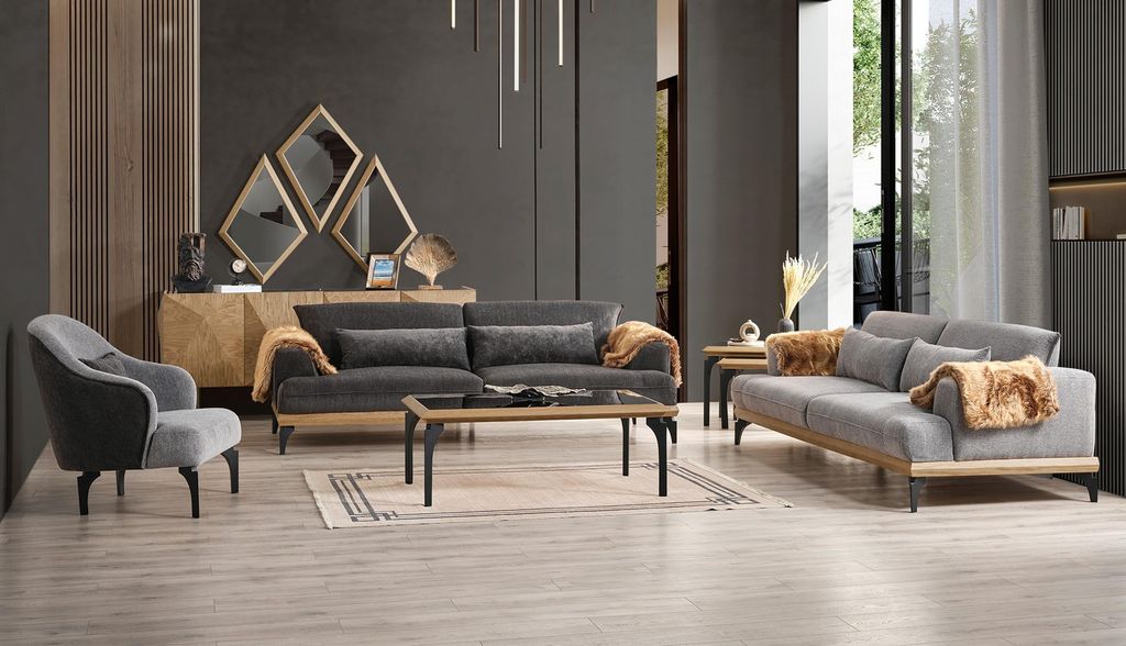 Graues Wohnzimmer Couch-Set Designer Beistelltische Konsole Spiegel