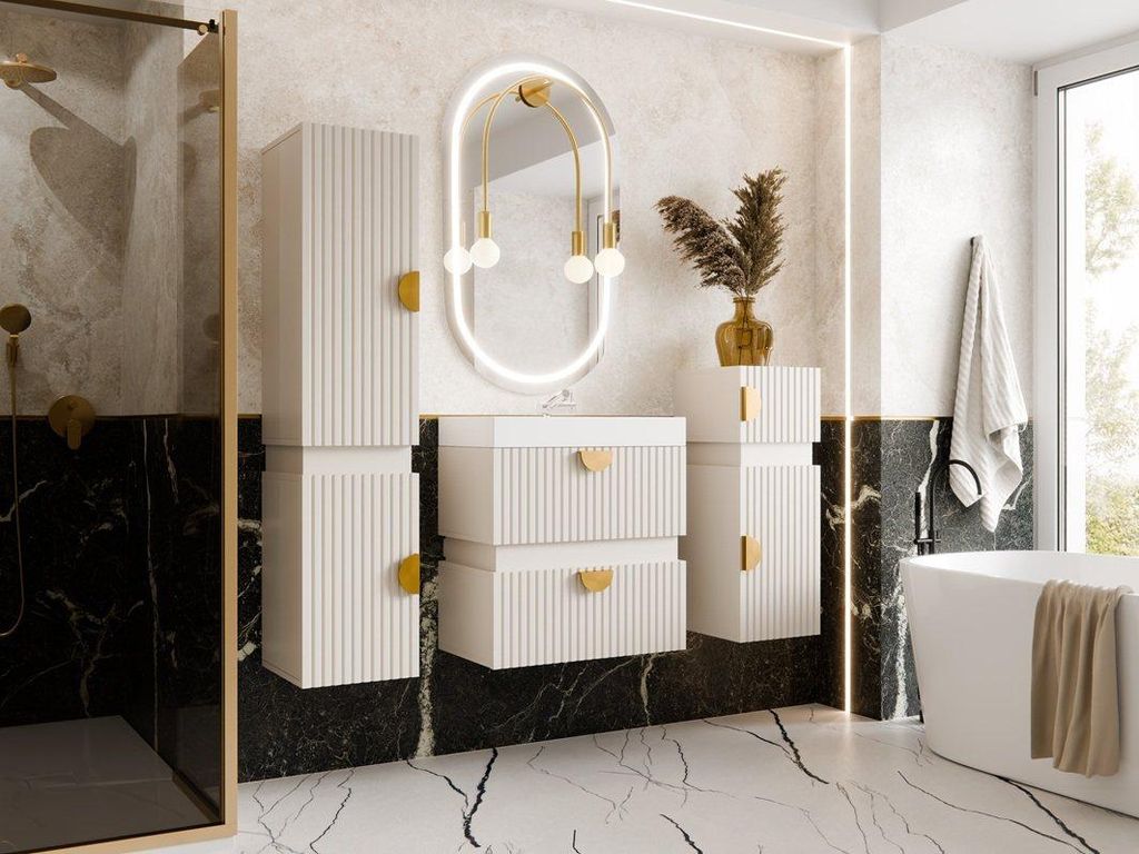 MOCNLERO GF1 | Badezimmermöbel Set TAMO 1 Kaschmir Matt Gold – Waschtisch 60 cm + Spiegel + Hochschrank Hängend 3-teilig