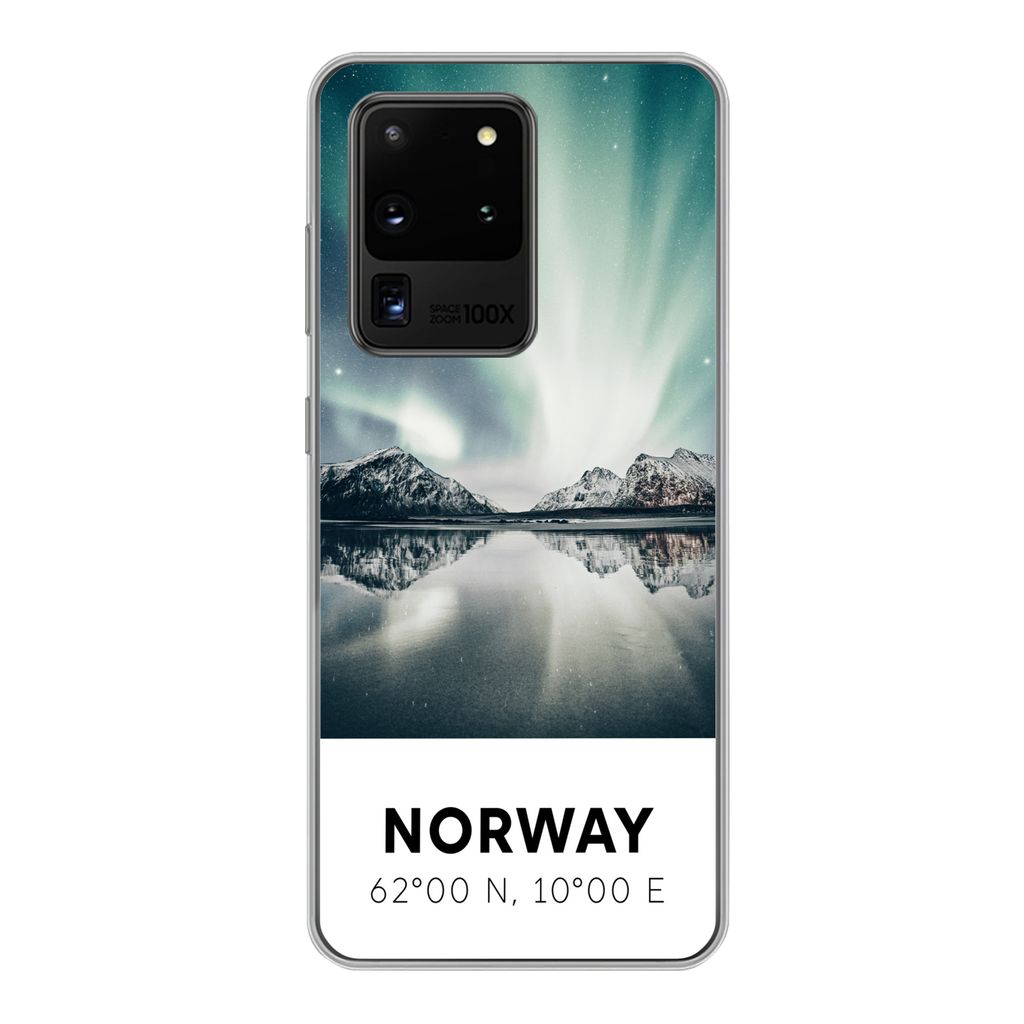 MuchoWow Handyhülle Schutzhülle Hülle für Samsung Galaxy S20 Ultra Norwegen - Nordlichter - See Silikon Softcase Handy Hülle - Karteninhaber