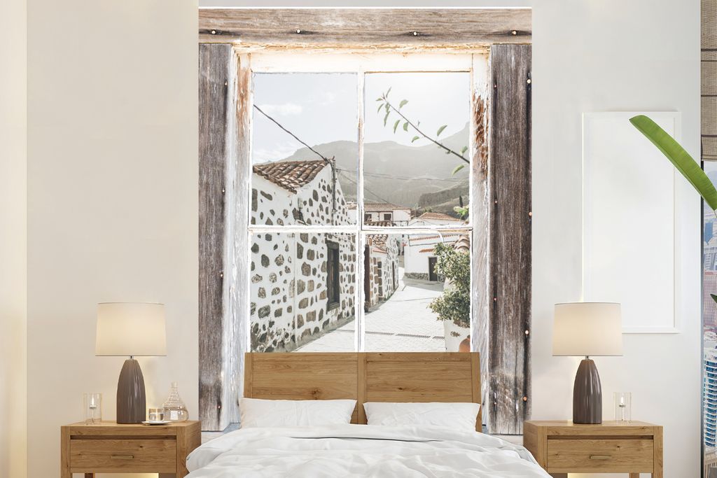 MuchoWow Fototapete für Wohnzimmer oder Schlafzimmer Wandtapete Vinyl Motivtapete Durchsichtig - Holz - Griechenland - 225x350 cm - Schlafzimmer...