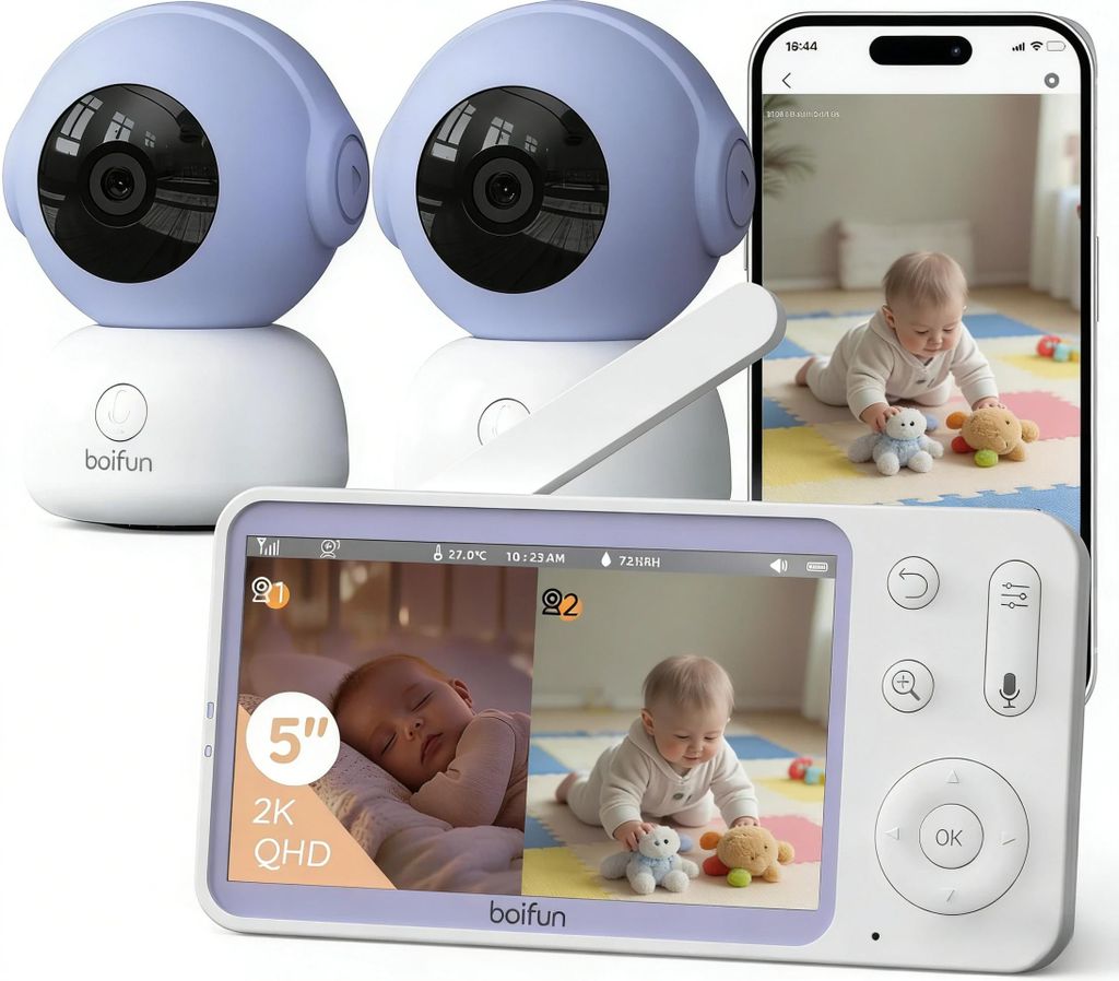 BOIFUN Babyphone mit 2 Kamera, Babyphone mit Geräuscherkennung, 5" FULL HD Bildschirm, Ferngesteuert, Infrarot-Nachtsichtkamera